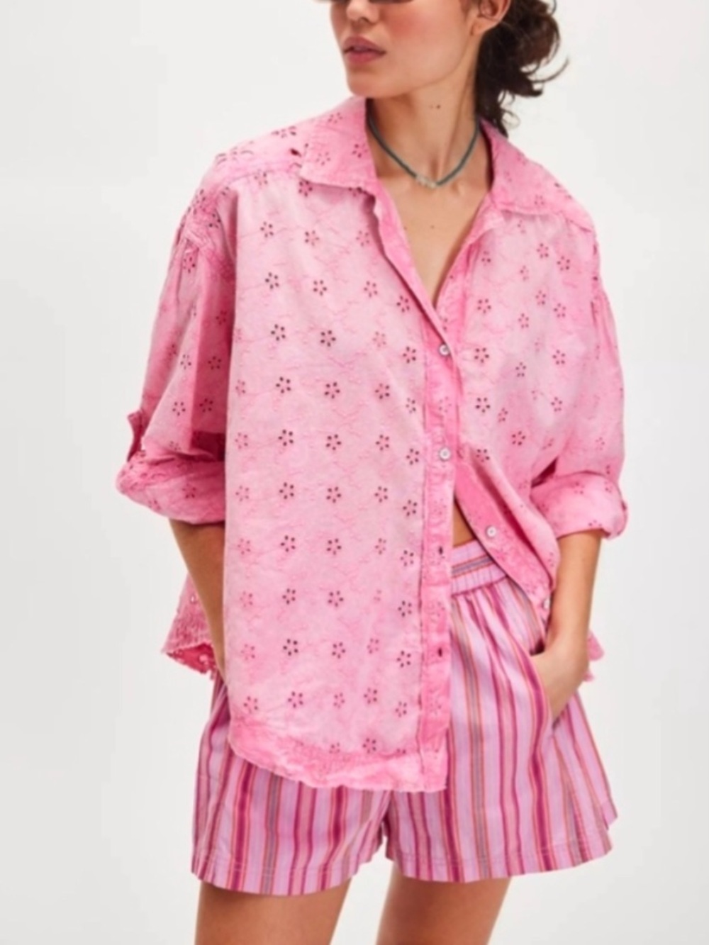 We The Free Pink Eyelet Button-Down Shirt